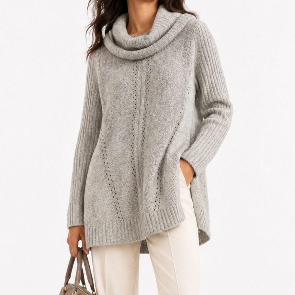 White House Black Market Gray Wool Blend Cable Knit Pointelle Turtleneck Sweater